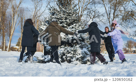 Happy schoolgirls frolicking around a festive christmas tree in a snowy park, celebrating the winter holidays 120650162