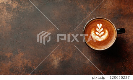 Top view of cappuccino cup with latte art on brown concrete background with place for text 120650227