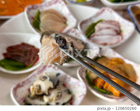 Korean seafood. fresh abalone sashimi 120650260
