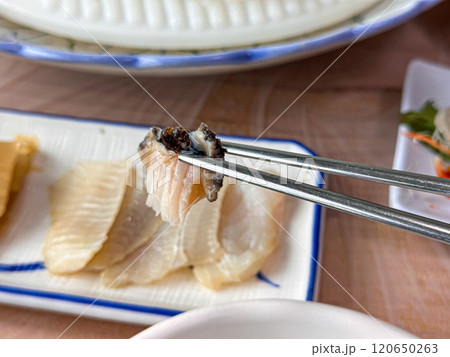 Korean seafood. fresh abalone sashimi 120650263