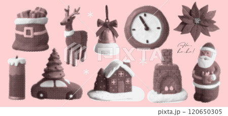 Cute Christmas elements set in naive halftone collage photocopy effect. Santa Claus stippling y2k childish overlay clipart. Vector vintage illustration. Cute Christmas elements set in naive halftone collage photocopy effect. Santa Claus stippling y2k childish overlay clipart. Vector vintage illustration. 120650305