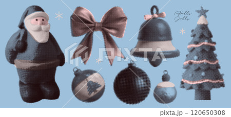 Trendy Christmas halftone dotted effect elements set for New year naive grain collage art design. Cute craft decor. Modern vintage vector illustration 120650308