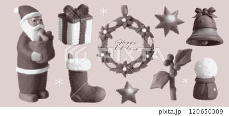 Christmas elements set in naive halftone collage photocopy effect. Santa Claus stippling y2k childish overlay clipart. Vector vintage illustration. Christmas elements set in naive halftone collage photocopy effect. Santa Claus stippling y2k childish overlay clipart. Vector vintage illustration. 120650309