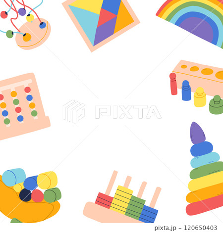 Template with Montessori toys with place for text. Vector illustration. Flat style. Template with text box and children's toys. Template with Montessori toys with place for text. Vector illustration. Flat style. Template with text box and children's toys. 120650403