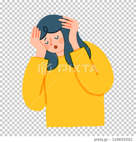 Illustration of a woman holding her head and sulking Illustration of a woman holding her head and sulking 120650502