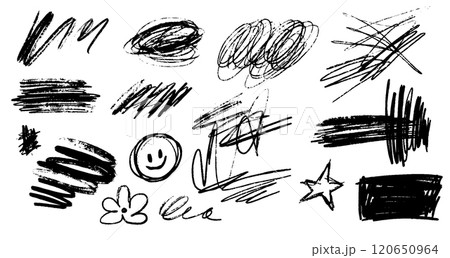 Vector punk art set featuring a messy flower and star scribble. Hand drawn smiley face with a rough texture. Abstract design using crayon and ink elements 120650964