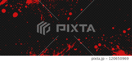 Vector blood splatter texture with red ink drops and drips. Grunge border featuring stains and splashes for a horror background at the transparent bg as a png 120650969