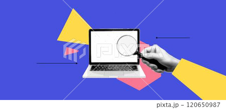 Geometric abstract bg with halftone collage elements. Hand hold magnifying glass and searching at the laptop screen. App cover mockup. Bold and bright popart banner. Vector illustration 120650987