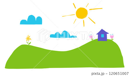 Cut out childish landscape with house and sky and sun and flowers. Simple naive shape collage. 120651007