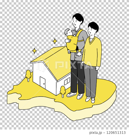 富山県の地図と若い家族・家のイラスト、ベクター 富山県の地図と若い家族・家のイラスト、ベクター 120651313