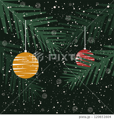 Merry Christmas and Happy New Year greeting card.Beautiful Xmas design with typography,Christmas tree branches,balls and snow.Text for cold season celebration.Winter days.Great for banners,wallpapers. Merry Christmas and Happy New Year greeting card.Beautiful Xmas design with typography,Christmas tree branches,balls and snow.Text for cold season celebration.Winter days.Great for banners,wallpapers. 120651604