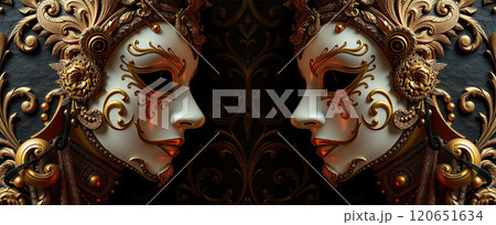 Masks facing each other with luxurious golden decorations.Dark background. Masks facing each other with luxurious golden decorations.Dark background. 120651634
