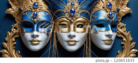 Luxurious masks with blue and golden decorations. Luxurious masks with blue and golden decorations. 120651635