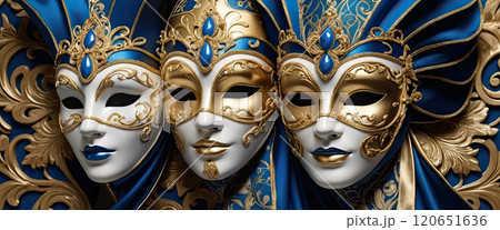 Fascinating masks with blue and gold jewellery decorations. 120651636