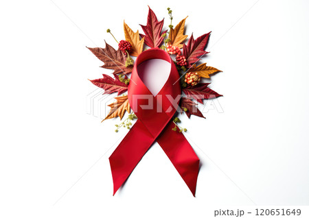 Red awareness ribbon with autumn leaves for december holiday designs. AI generation 120651649