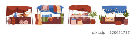 Vector illustration of a set with the image of various tents for the oriental bazaar. 120651757