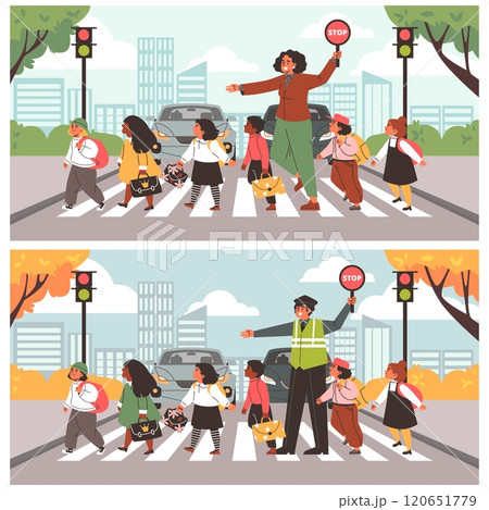 Vector illustration of two banners with children crossing the roadway on a pedestrian crossing. 120651779