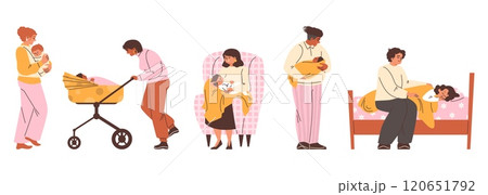 A vector collection of illustrations with mothers who carefully put their child to sleep 120651792