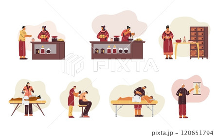 Vector illustration of a set with characters undergoing acupuncture, herbs and vacuum therapy. 120651794