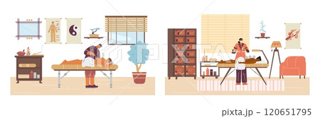 A set of vector illustrations with a vacuum massage procedure with jars and acupuncture 120651795