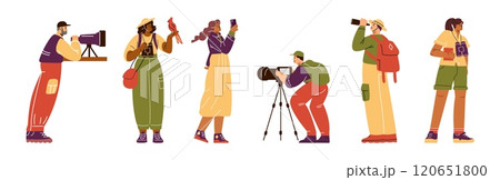 Vector illustration of a set with a young man and a woman-researchers are observing wildlife 120651800