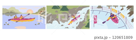 Vector set woman and a man kayaking: in a lake, a river, in the snow. 120651809