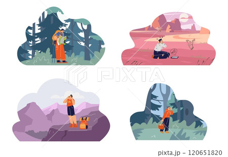 Vector illustration of a set of lost male characters in mountain, forest and desert areas. Vector illustration of a set of lost male characters in mountain, forest and desert areas. 120651820