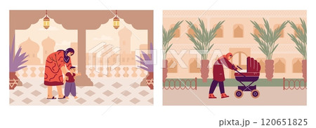 Illustration of a set depicting Muslim women in hijab with children against a cityscape. Illustration of a set depicting Muslim women in hijab with children against a cityscape. 120651825