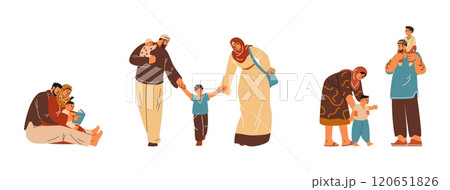 Illustration of a set of Muslim family characters with children spending time together. Illustration of a set of Muslim family characters with children spending time together. 120651826