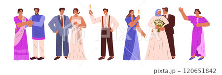 Vector illustration of a set of wedding couples in traditional clothes celebrating with guests. Vector illustration of a set of wedding couples in traditional clothes celebrating with guests. 120651842