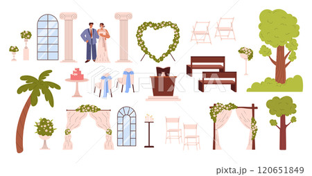 Wedding venue vector set, bride groom, floral arch, bridal cake, flowers, marriage ceremony banquet interior decorations 120651849
