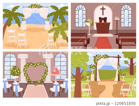 Wedding venue vector illustrations set, floral archway on the nature, chapel for marriage ceremony background collection 120651850