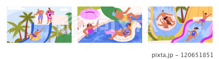 A vector collection of three illustrations of water park scenes featuring families enjoying water slides 120651851