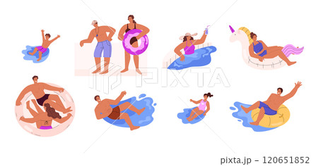 Vector illustration of a set showing characters enjoying their vacation at the water park. 120651852