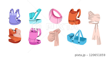 Vector illustration depicting various types of ergonomic baby carrier on a white background 120651859
