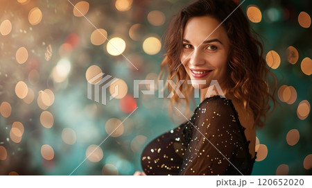 Beautiful Woman Smiling In Front of Christmas Lights, Festive Portrait, Holiday Celebration 120652020