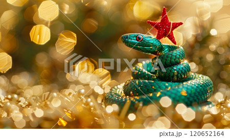 Green Snake Coiled in Christmas Tree Shape With Red Star On Top, Close Up on Gold Background 120652164