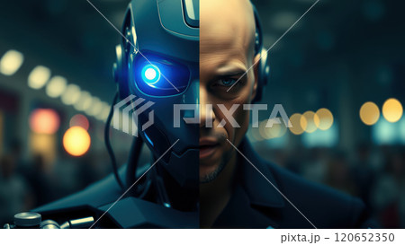 Human-android hybrid with glowing eye. AI generation 120652350