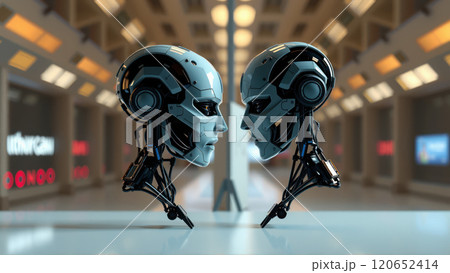 Indoor design of two robot heads. AI generation 120652414