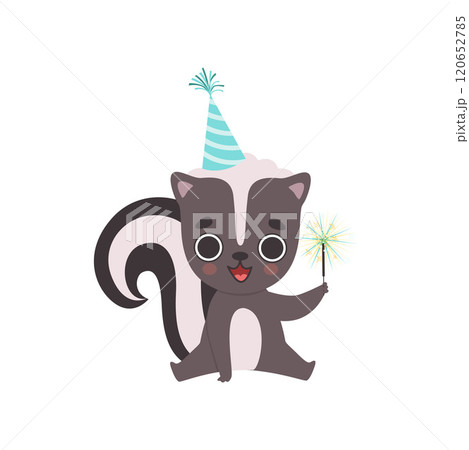 Cute Little Skunk Wearing Party Hat with Magic Wand, Adorable Baby Animal Cartoon Character Vector Illustration 120652785