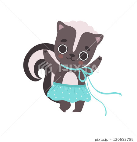 Cute Little Skunk Girl in Blue Skirt, Adorable Baby Animal Cartoon Character Vector Illustration Cute Little Skunk Girl in Blue Skirt, Adorable Baby Animal Cartoon Character Vector Illustration 120652789