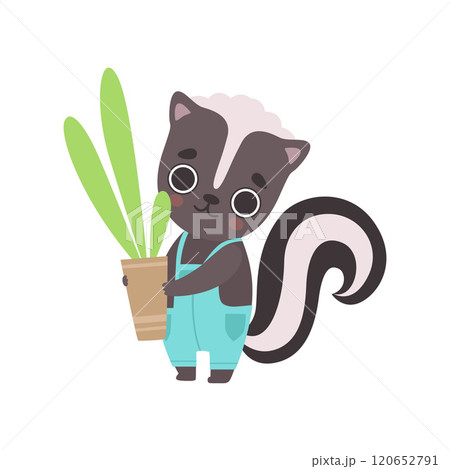 Cute Little Skunk Wearing Overall Holding Flower Pot with Houseplant, Adorable Baby Animal Cartoon Character Vector Illustration 120652791