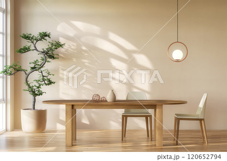 Minimal style modern contemporary dining room interior with empty wall for copy space 3d render Minimal style modern contemporary dining room interior with empty wall for copy space 3d render 120652794