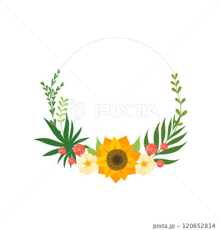 Floral Circle Frame with Blooming Flowers, Leaves and Place for Text, Design Element For Greeting Card, Invitation, Banner Vector Illustration 120652814
