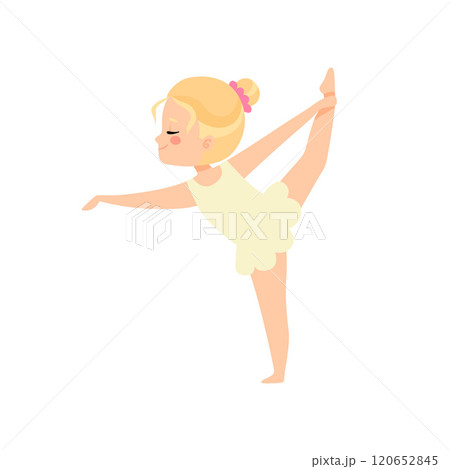 Cute Little Ballerina Doing Exercise, Blonde Girl Ballet Dancer Character Training Vector Illustration Cute Little Ballerina Doing Exercise, Blonde Girl Ballet Dancer Character Training Vector Illustration 120652845
