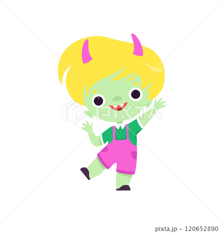 Cute Horned Troll Boy, Happy Smiling Fantasy Creature Character with Yellow Hair Vector Illustration 120652890