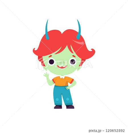Cute Horned Troll Boy, Happy Fantasy Creature Character with Colored Hair Vector Illustration 120652892