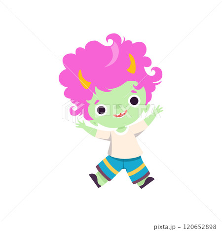 Cute Horned Troll Boy, Adorable Fantasy Creature Character with Pink Hair Vector Illustration 120652898