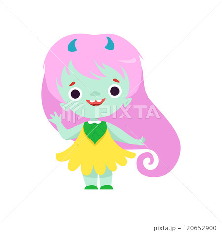 Cute Smiling Horned Troll Girl, Happy Fantasy Creature Character with Long Pink Hair Vector Illustration Cute Smiling Horned Troll Girl, Happy Fantasy Creature Character with Long Pink Hair Vector Illustration 120652900