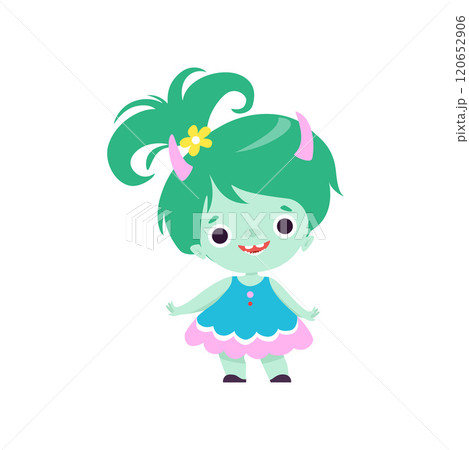 Cute Horned Troll Girl, Adorable Smiling Fantasy Creature Character with Green Hair Vector Illustration Cute Horned Troll Girl, Adorable Smiling Fantasy Creature Character with Green Hair Vector Illustration 120652906